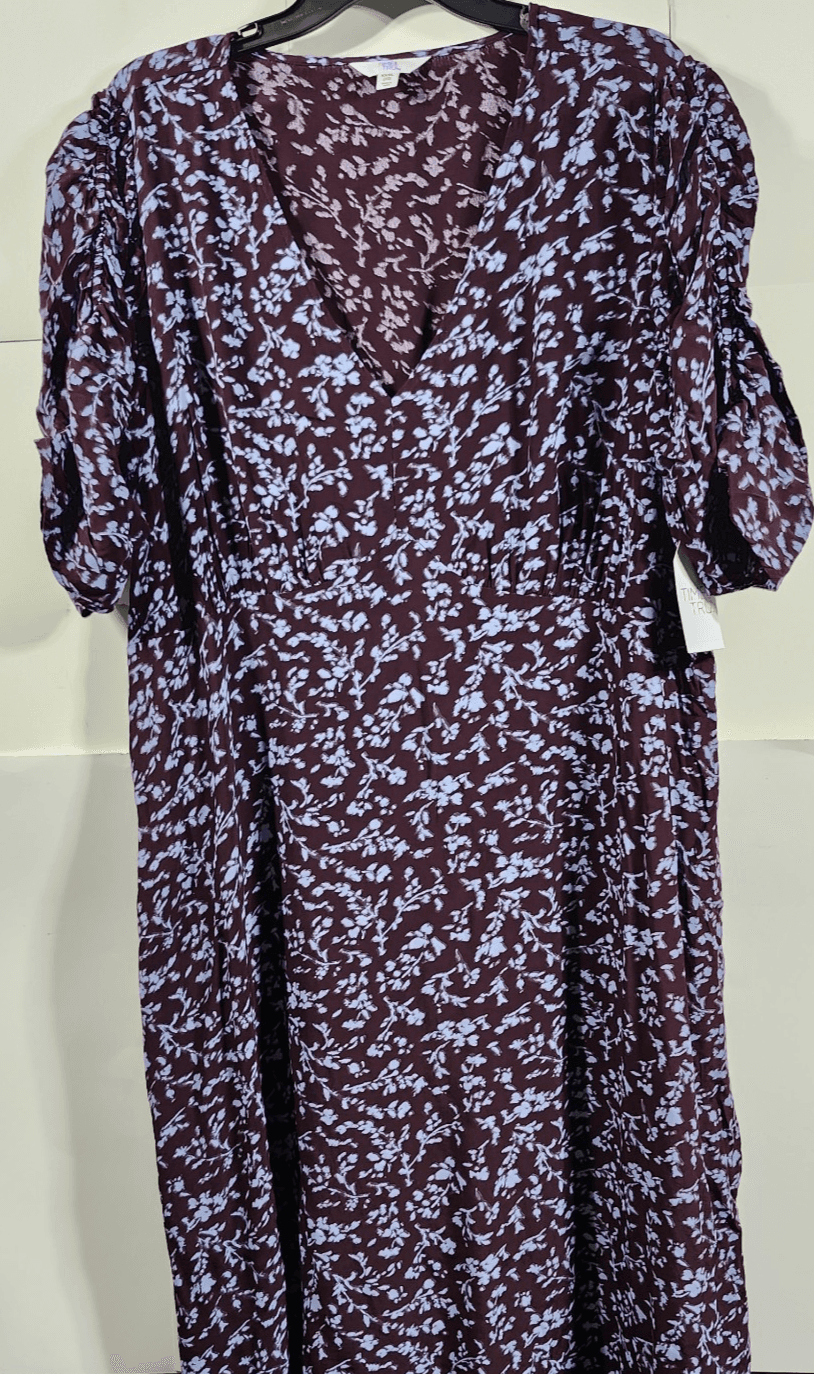 Time and Tru Women's V-Neck Midi Dress Size XXXL Ruched Sleeve Floral NEW