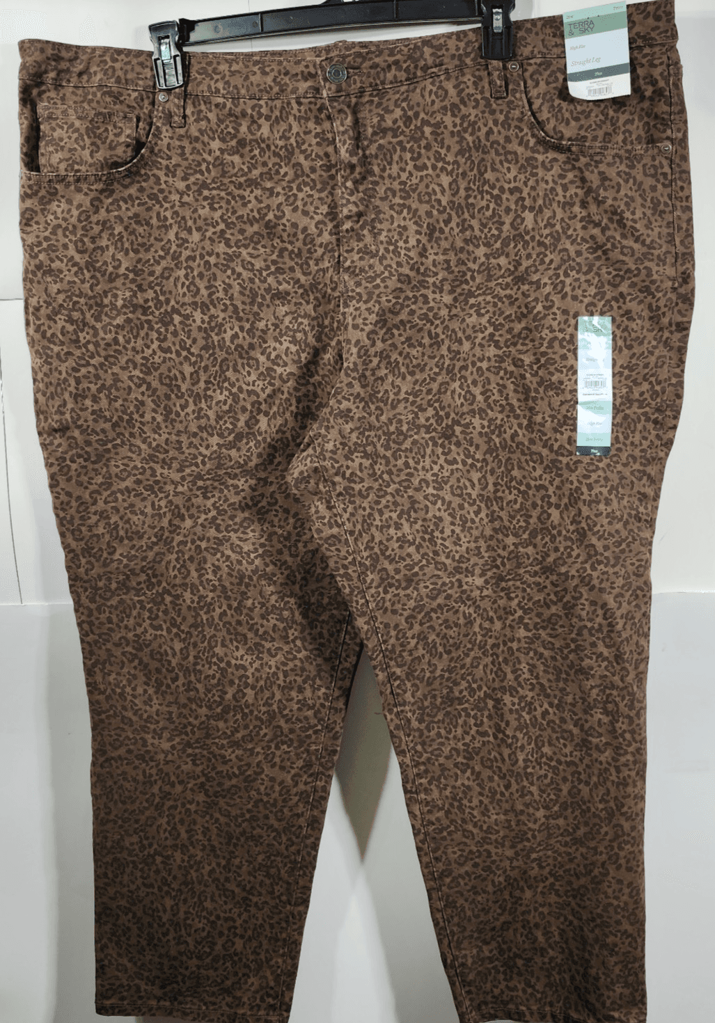 Terra & Sky Women's 26W Jeans High Rise Straight Leg Plus Size Leopard Brown NEW