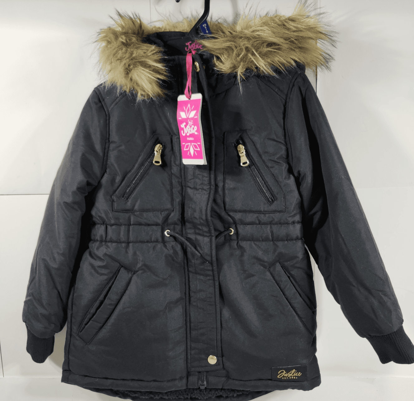 Justice Girls Coat XS Black with Fur Lined Hood Full Zip Winter Jacket NEW