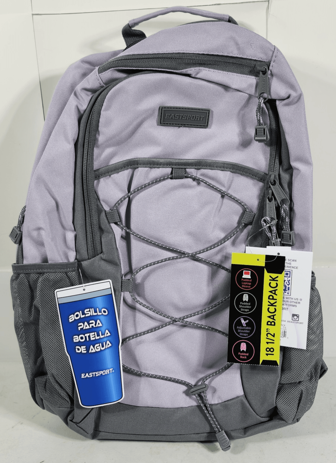 Eastsport 18" Backpack Purple Gray Tech Laptop Sleeve Bottle Bookbag NEW