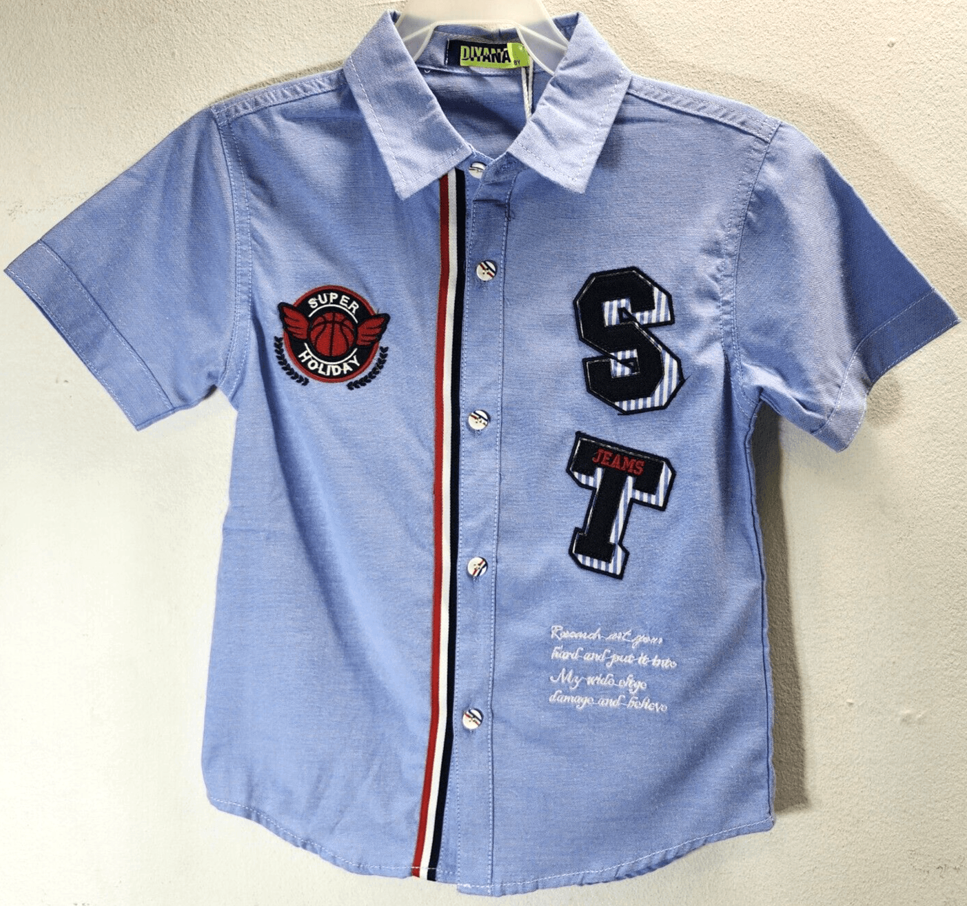 Diyana Boy's 8 Short Sleeve Button-Up Shirt Youth Blue NEW