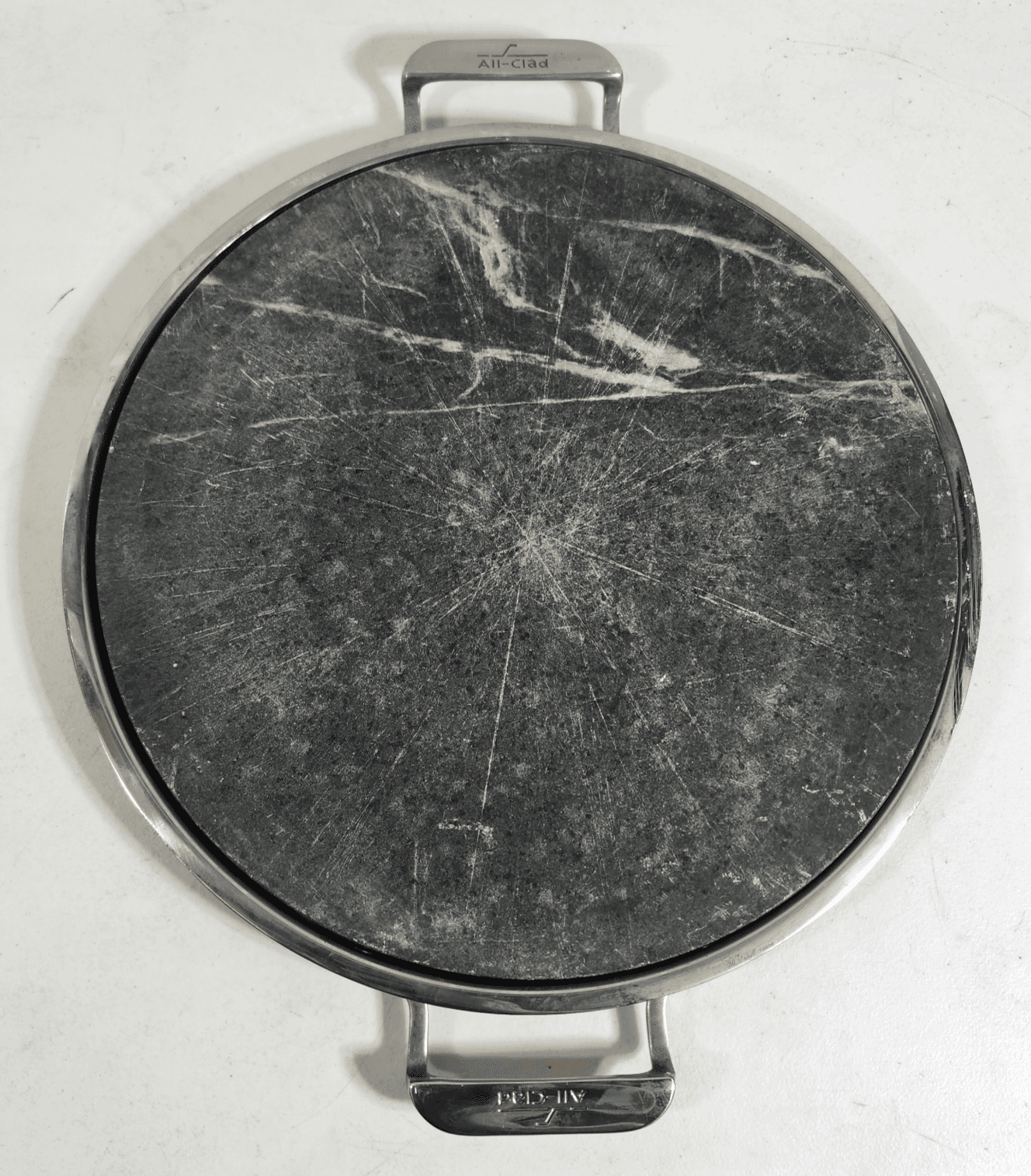 All Clad 13" Pizza Baker Stone With Stainless Steel Frame Serving Tray Handles