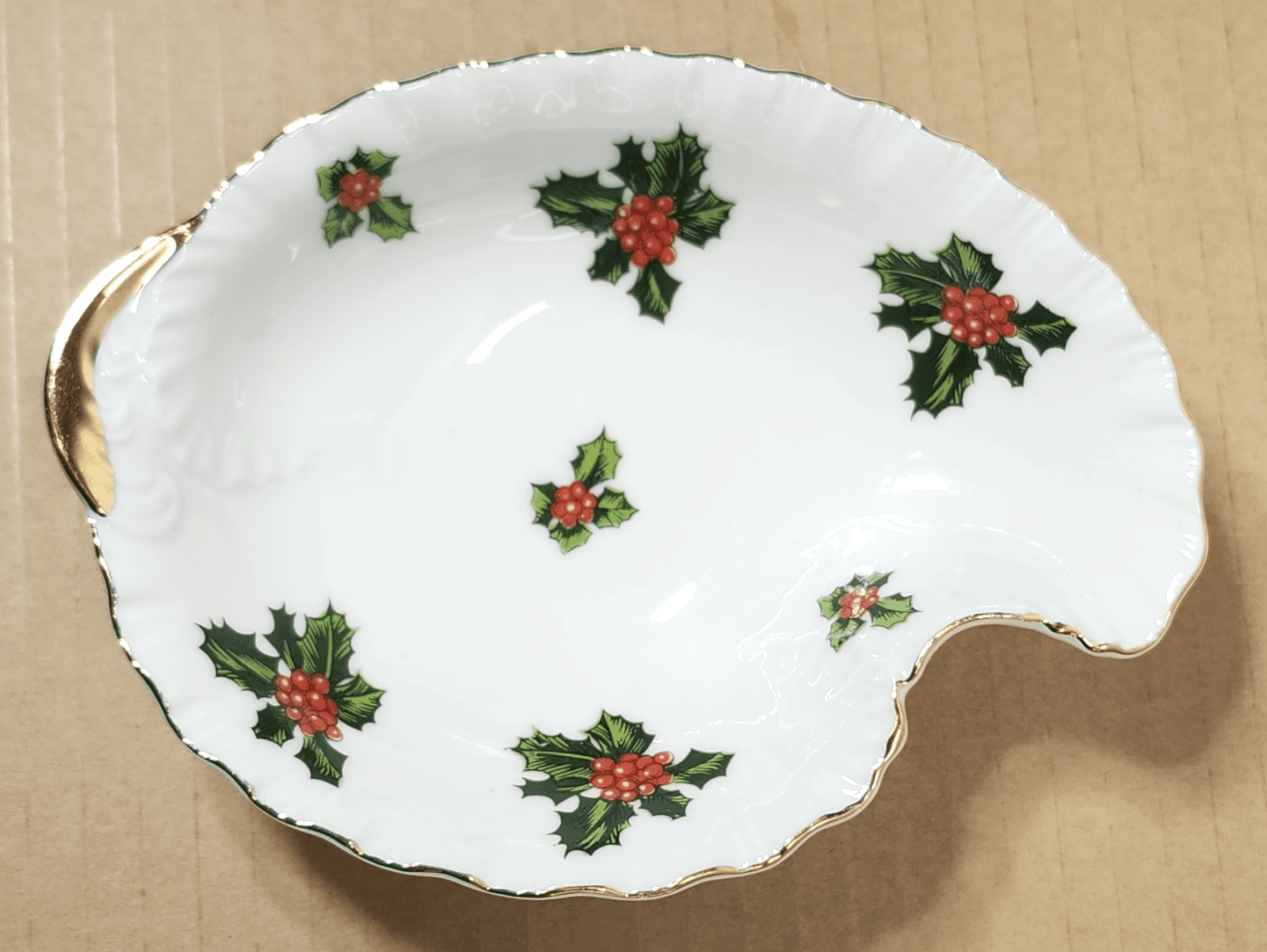 Vintage Lefton Christmas Holly Leaf Candy Dish White With Gold Trim Japan