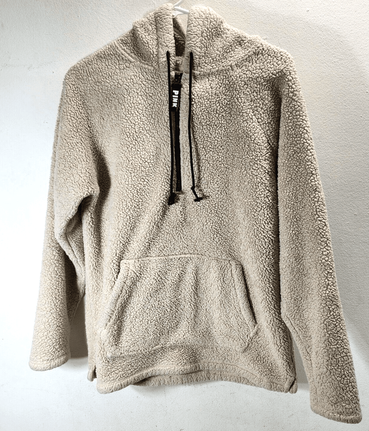 Victoria's Secret Women Sweatshirt Size XS Beige Sherpa Hoodie Tunic Pocket