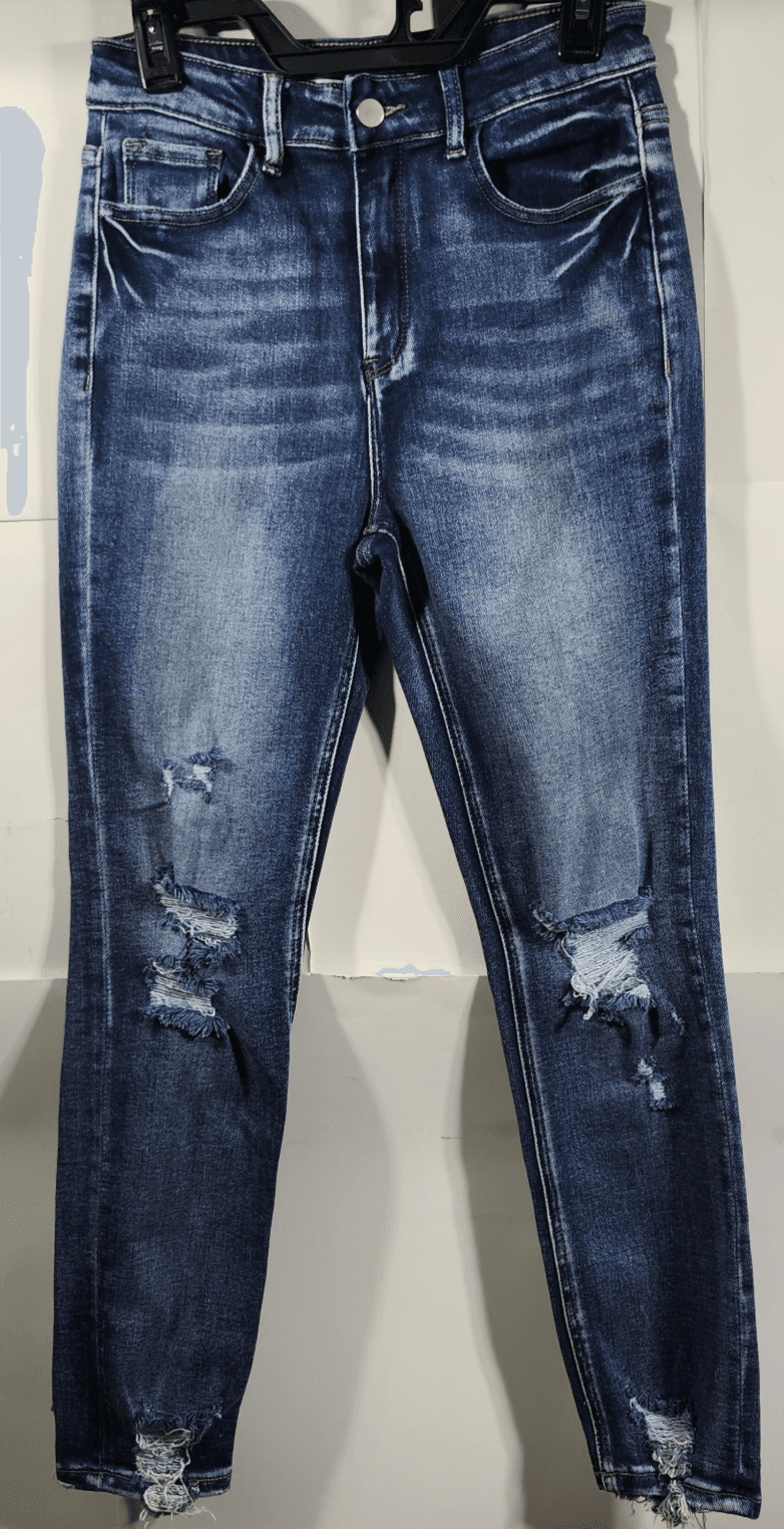 Pink Lily Women's 7 Jeans Blue Regular Fit Distressed Denim Straight Leg