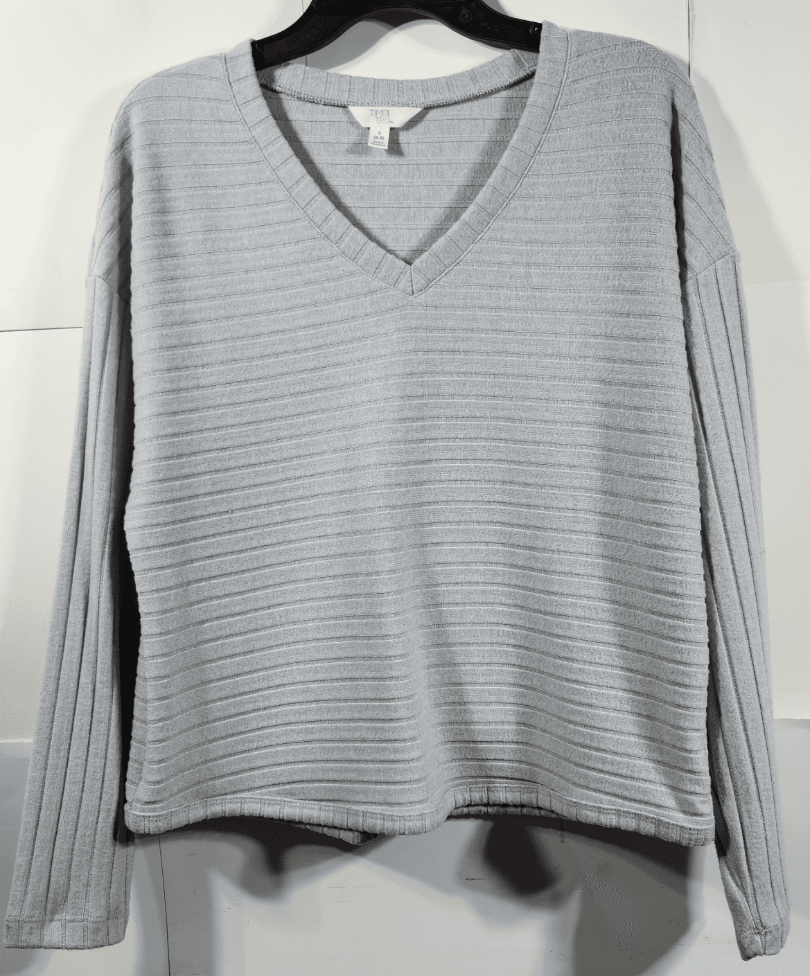 Time and Tru Women's Small Shirt Ribbed Hacci V-neck Top Gray NEW