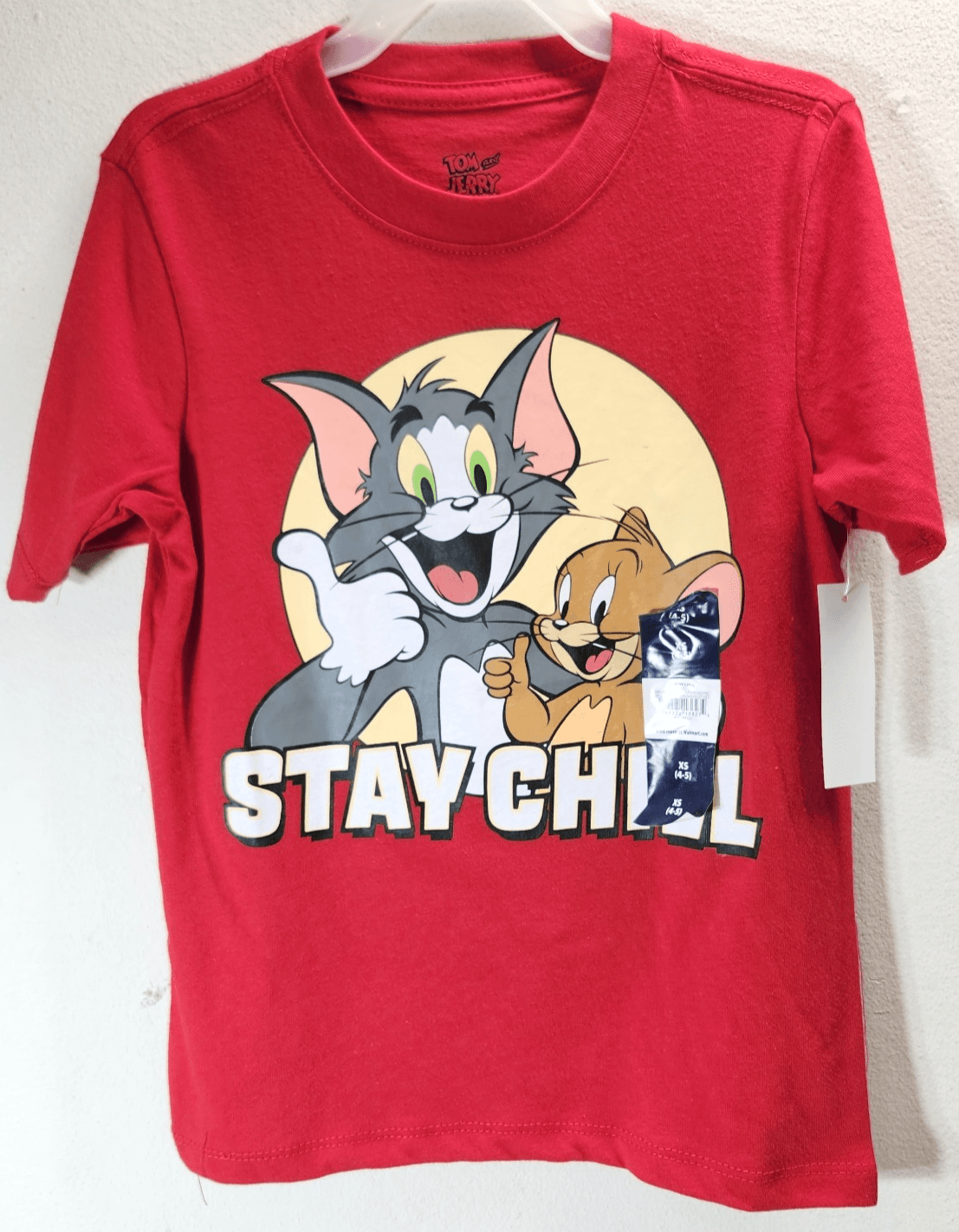 Tom and Jerry Kids Red Graphic Stay Chill T-Shirt Top Size XS NEW