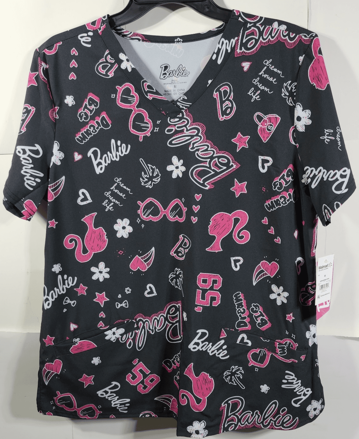 Barbie Doll Women's M V-Neck Black Scrub Top w/Pockets Nursing Uniform Medical