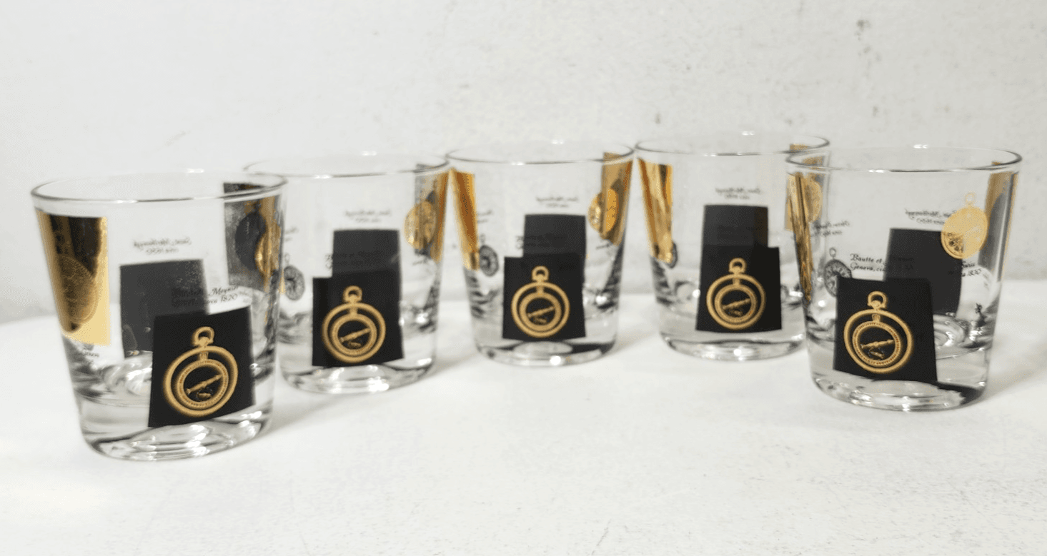 MCM Cera Rocks Glasses w Gold Clock Design Set Of 5 Home Bar Decor 6oz