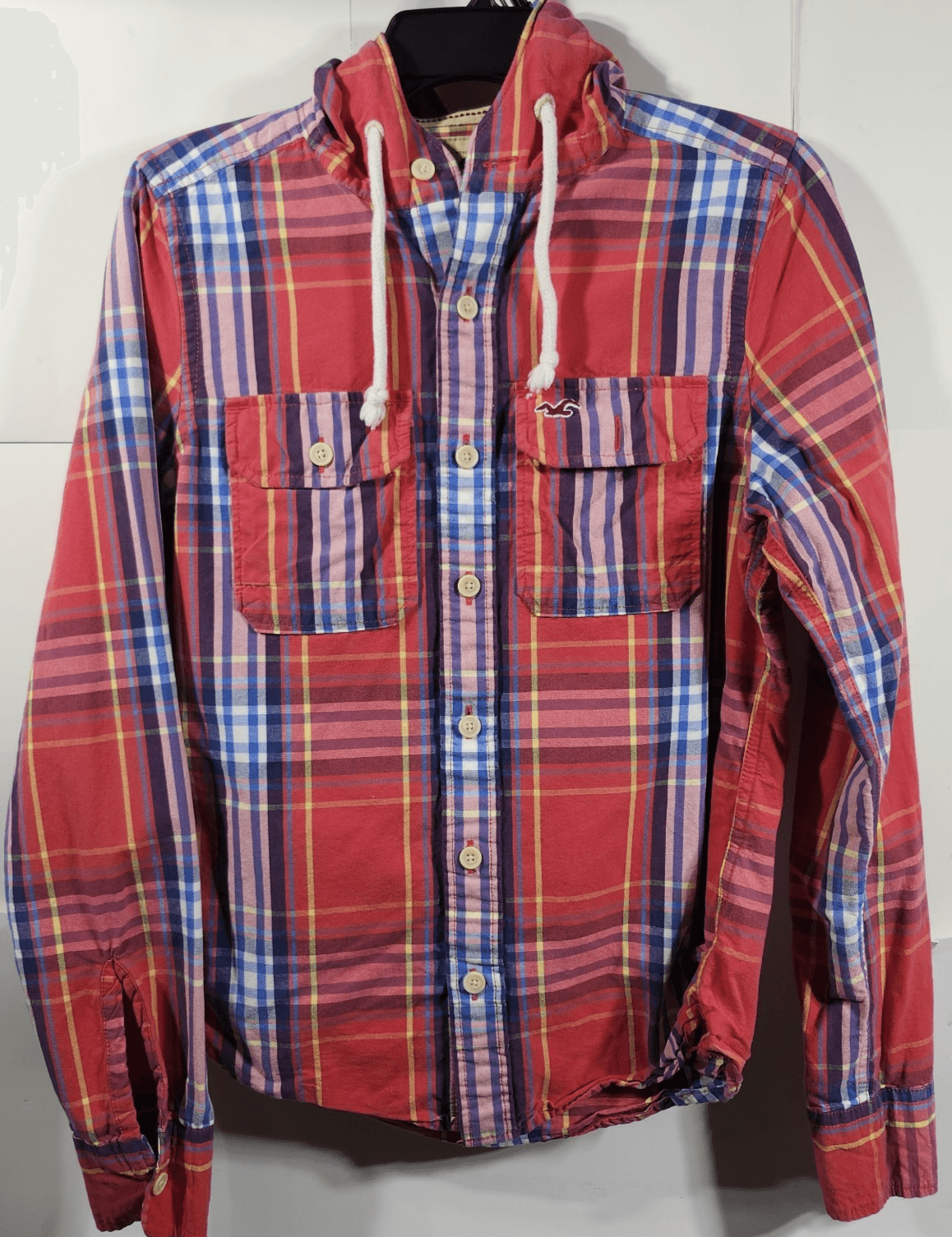 Hollister Men's S Shirt Hoodie Button Down Red Blue Plaid Long Sleeve