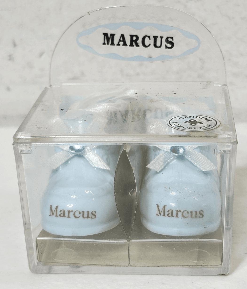 Russ Berrie Porcelain Baby Boy Booties Ornament Marcus Birth Info Card