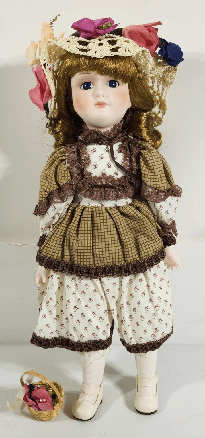 Vintage Porcelain Heritage Doll 16" Cloth Body Dress Hat With Basket