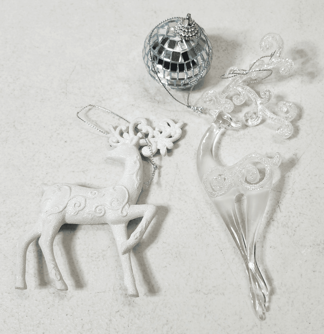 2 Reindeer Deer Christmas Ornaments & Mirror Ball Holiday Decor