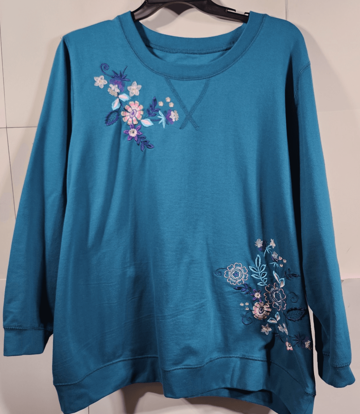 Woman Within Plus Size 3X Pullover Sweatshirt Floral Embroidered Blue