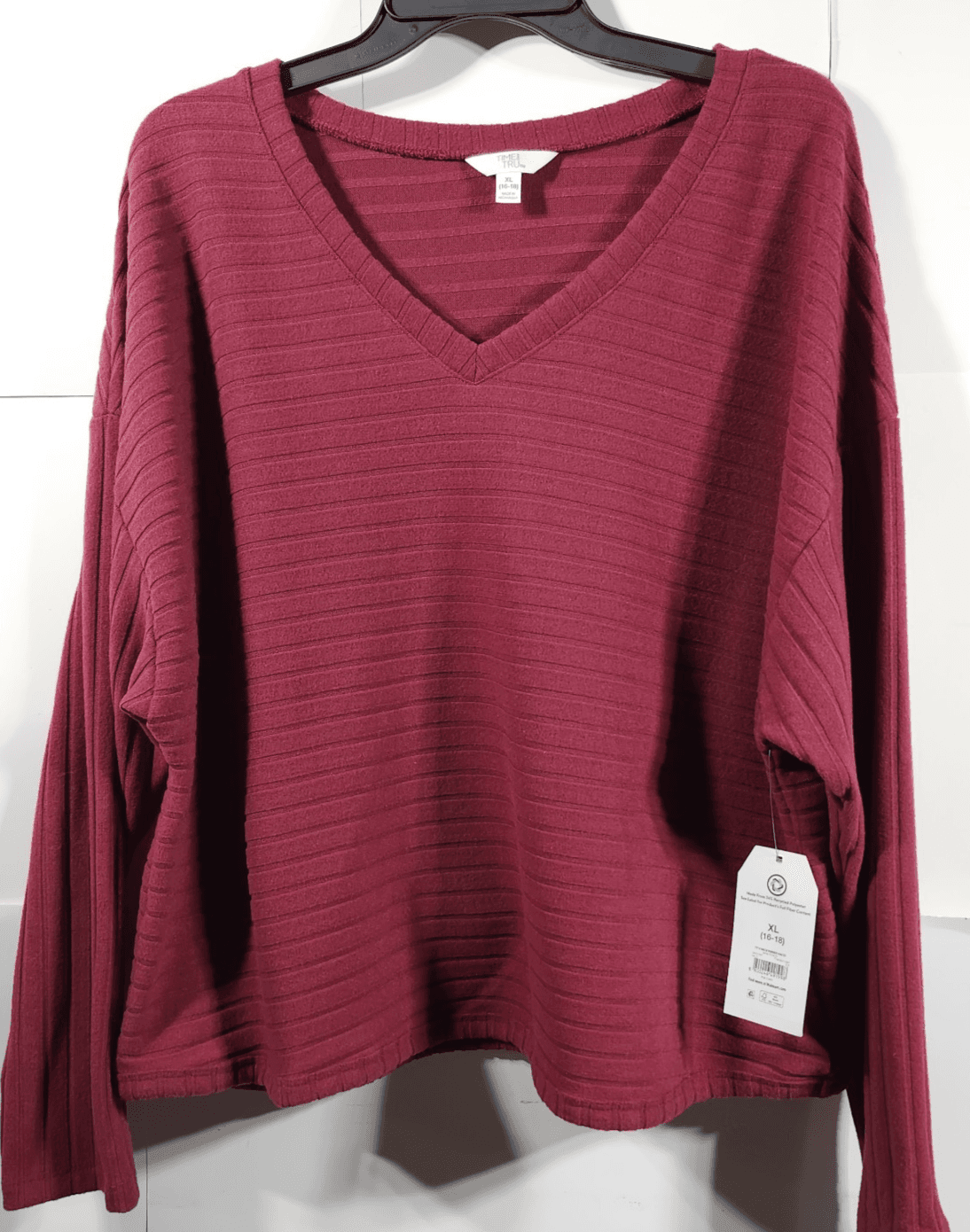 Time and Tru Women's XL Shirt Ribbed Hacci V-neck Top Red NEW