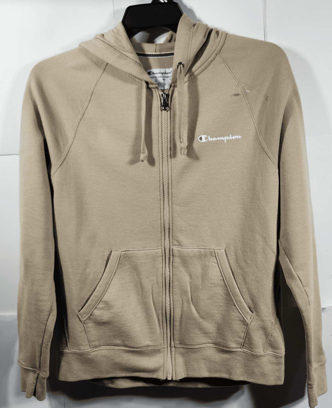 Champion Full Zip Hoodie Men's M Beige Hooded Sweatshirt Long Sleeve