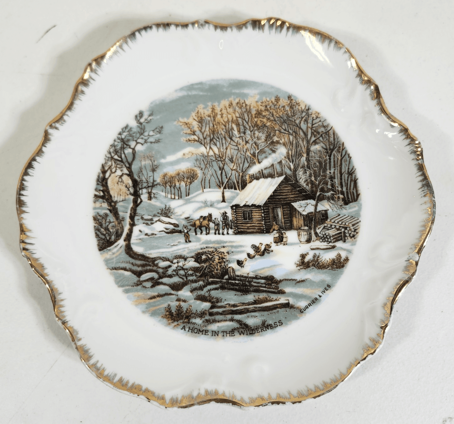 Harkerware Currier Ives Gold Trim Plate A Home In The Wilderness 8" USA