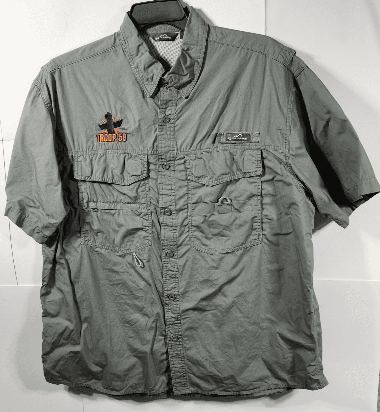 Mens Eddie Bauer Size XL Shirt Scout Troop 59 Leader Green Outdoor Short Sleeve