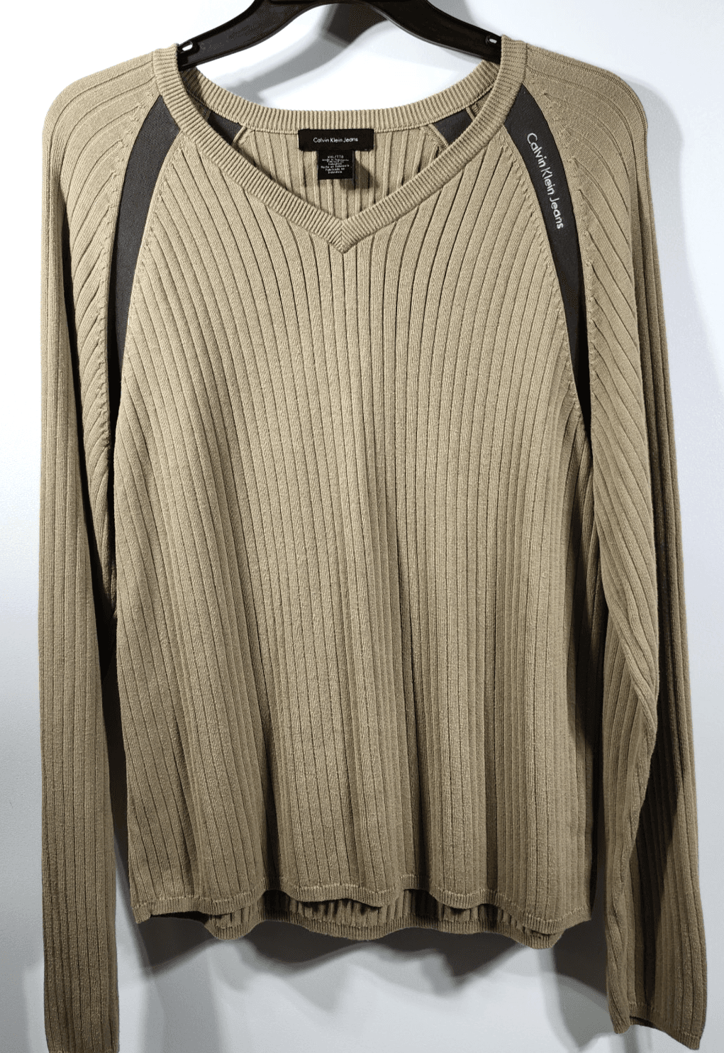 Calvin Klein Men's XXL V-Neck Pullover Sweater Brown Ribbed Long Sleeve