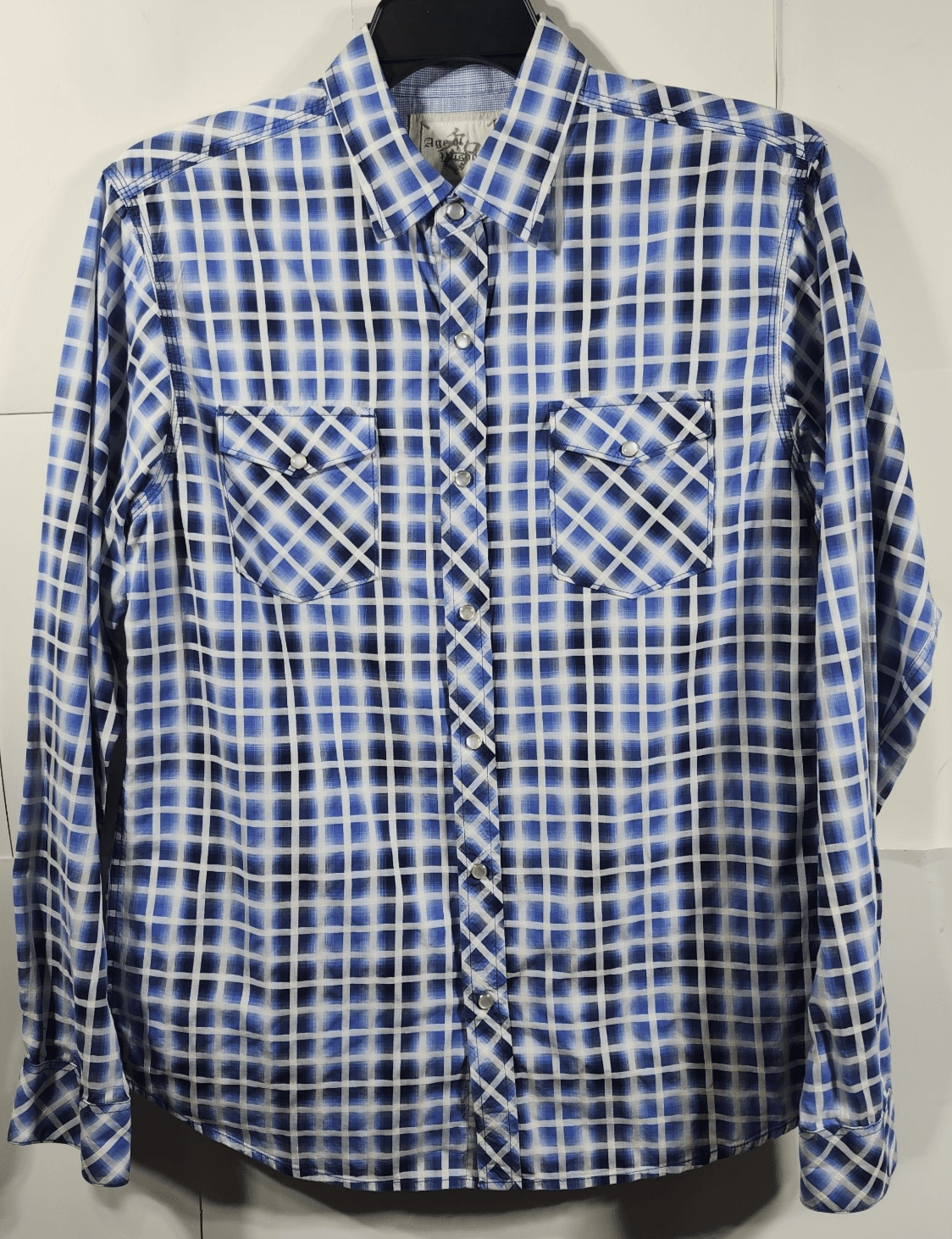 Age of Wisdom Shirt Men's Large Blue White Plaid Flap Pocket Button Up