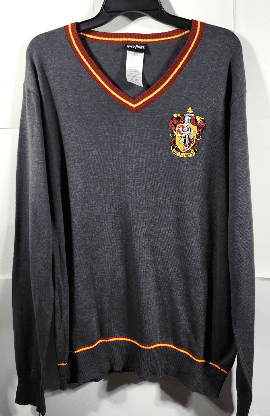 Harry Potter Gryffindor V-Neck Sweater L Gray Red Yellow Trim Wizarding World