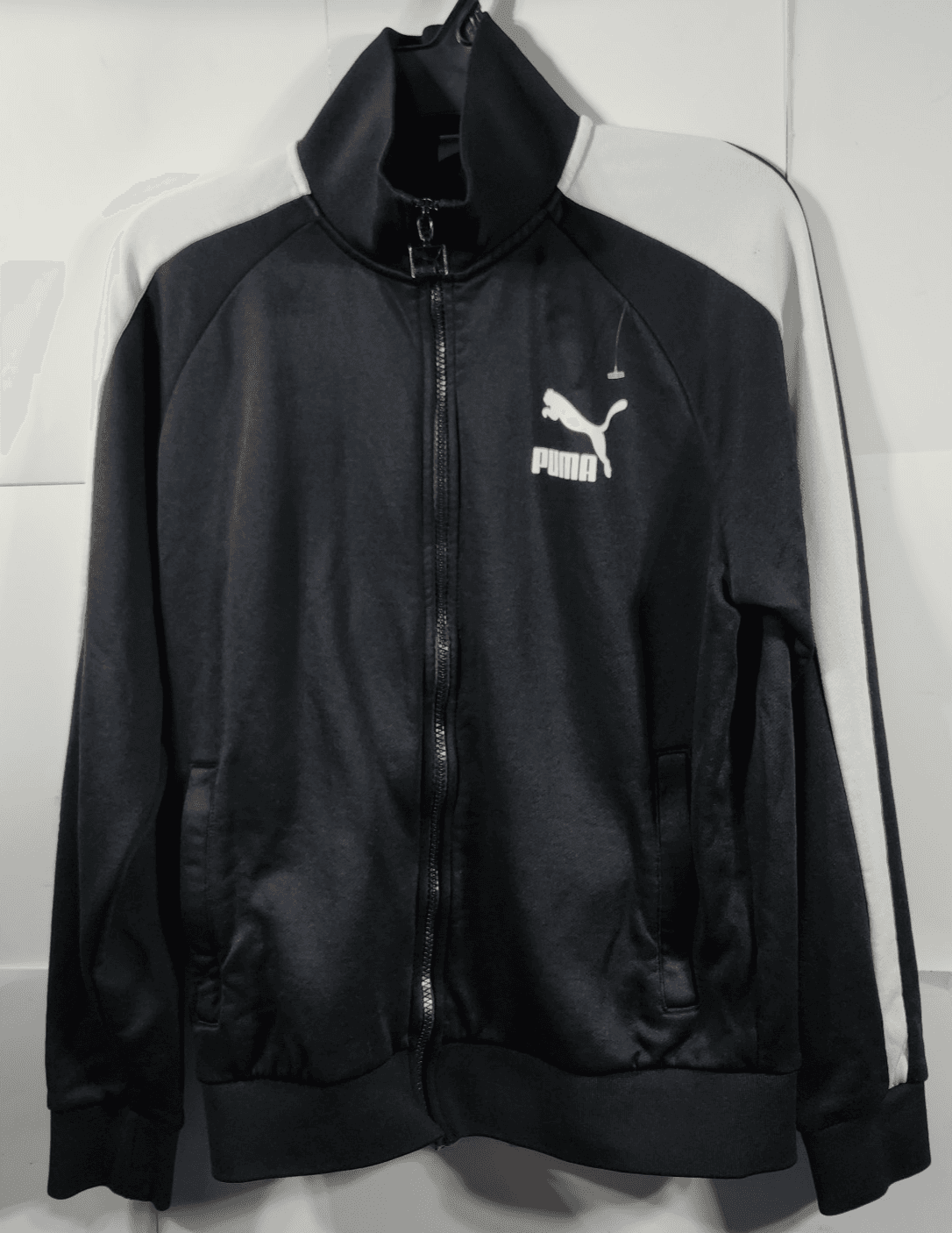 PUMA Mens Small Track Jacket Black White Full Zip Long Sleeve With Pockets