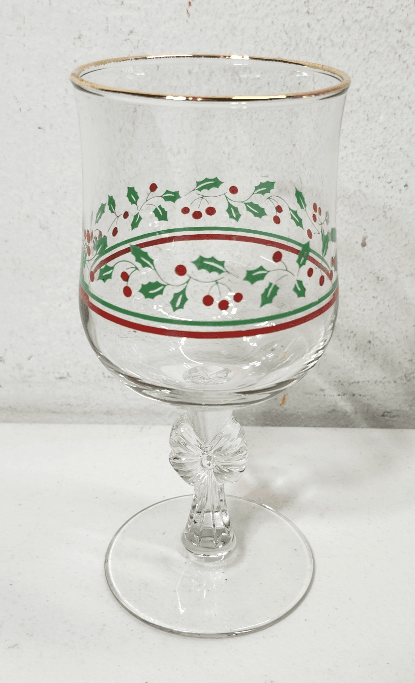 6.25" Libbey Holly Wine Glass Gold Rim Cup Vintage Arby's Christmas Collection