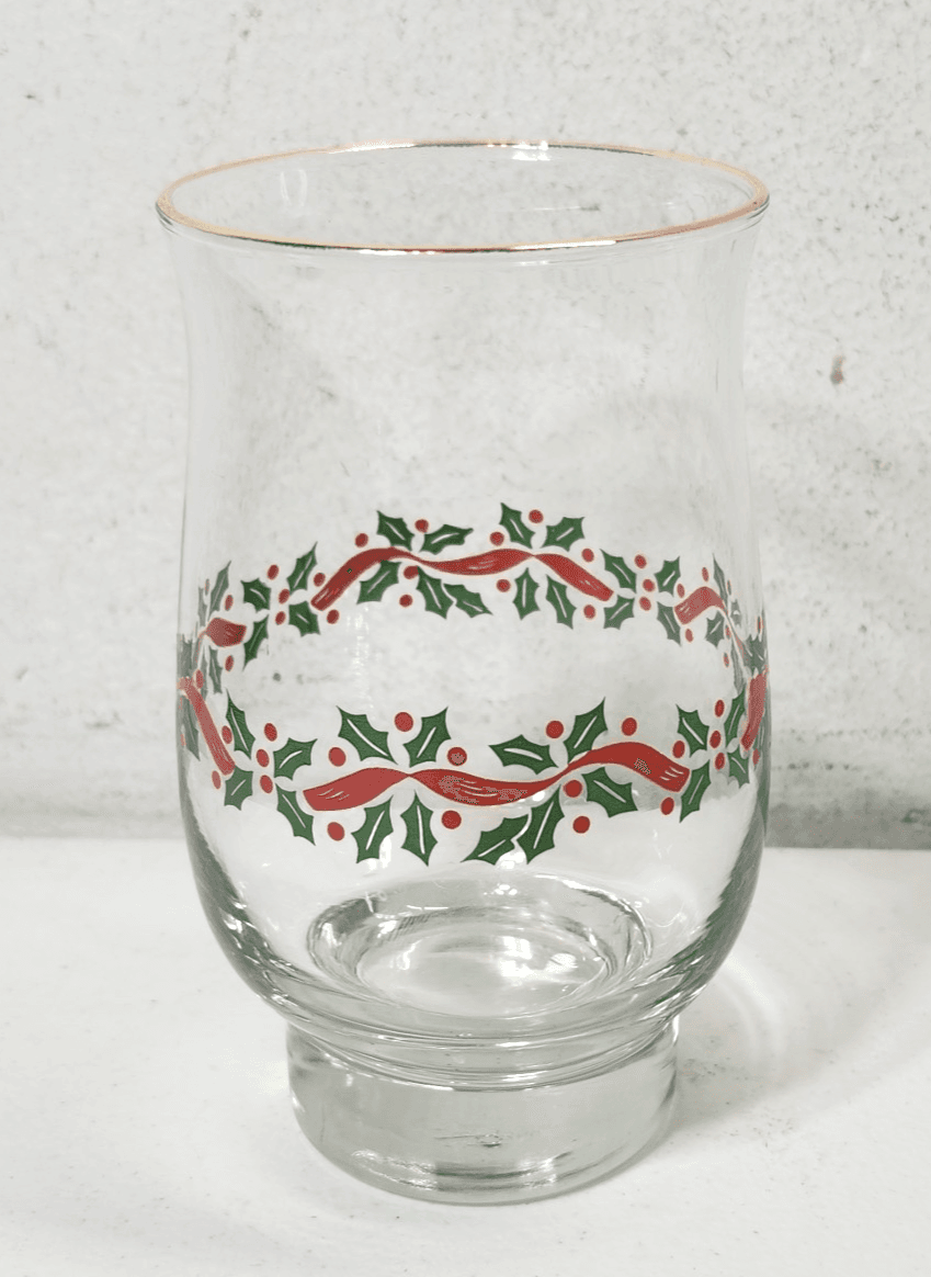Libbey Christmas Holly Berry Hurricane Glass Cup Holiday Party Decor Vintage