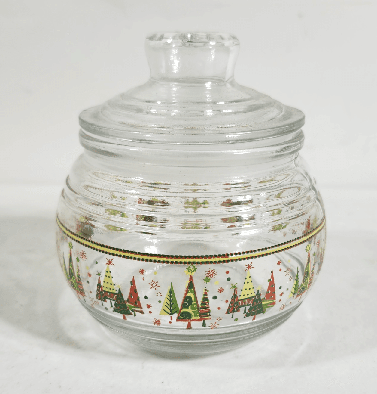 Greenbrier 4in Round Glass Christmas Trees Candy Jar W/ Sealable Lid