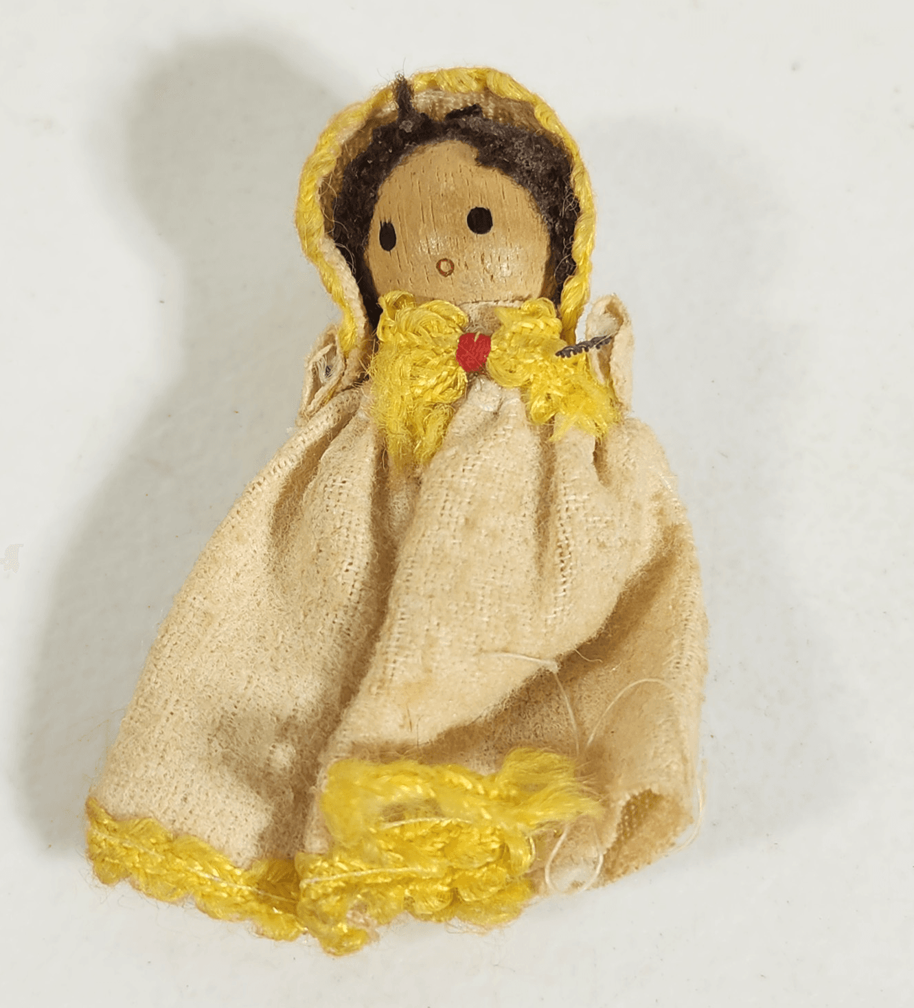 Vintage Wood Peg Doll Baby Yellow Dress
