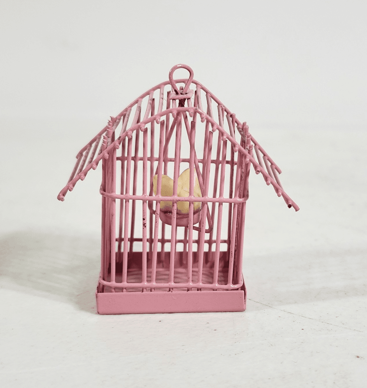 Vintage 1.5" Pink Metal Birdcage with White Bird Dollhouse Size