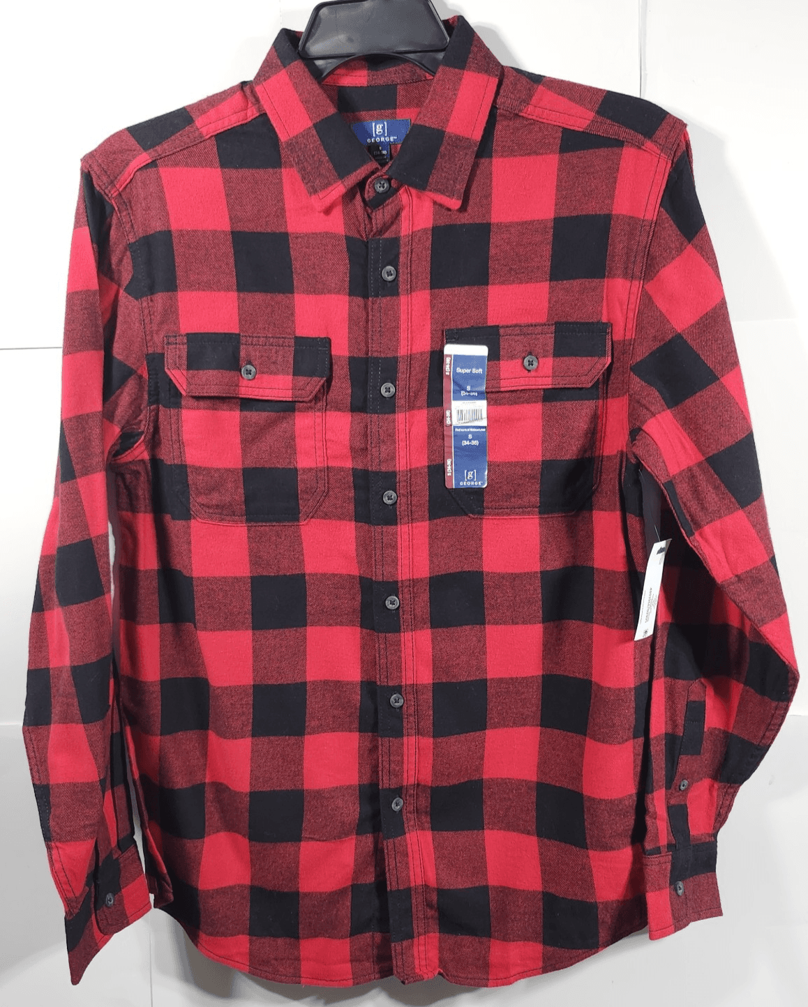 George Men's S Flannel Button Up Shirt Long Sleeve Red Black Plaid NEW