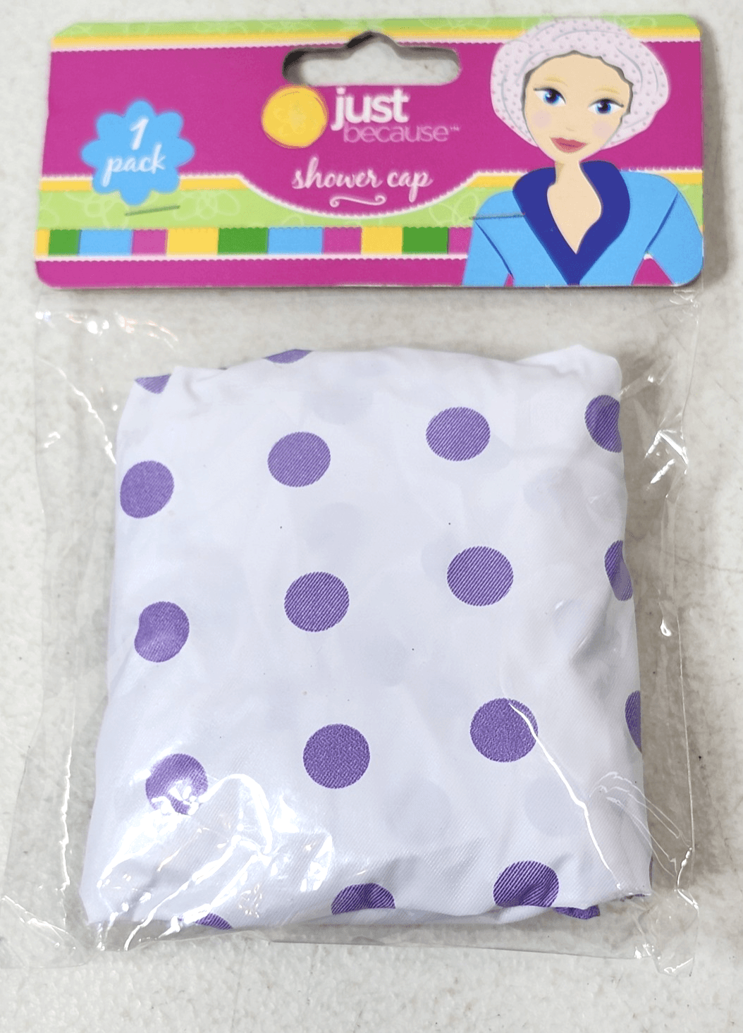 NEW Just Because Plastic Shower Cap Hat Protects Hair Reuseable Purple Dots