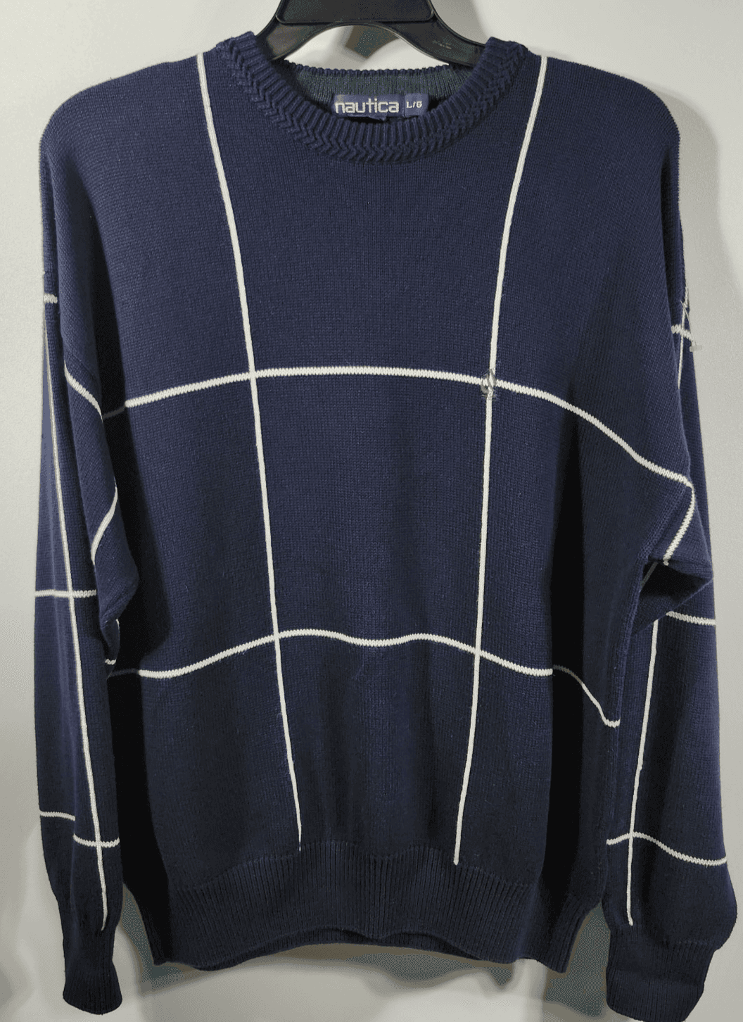 Nautica Sweater Men's L Blue White Stripe Pullover 100% Cotton Long Sleeve