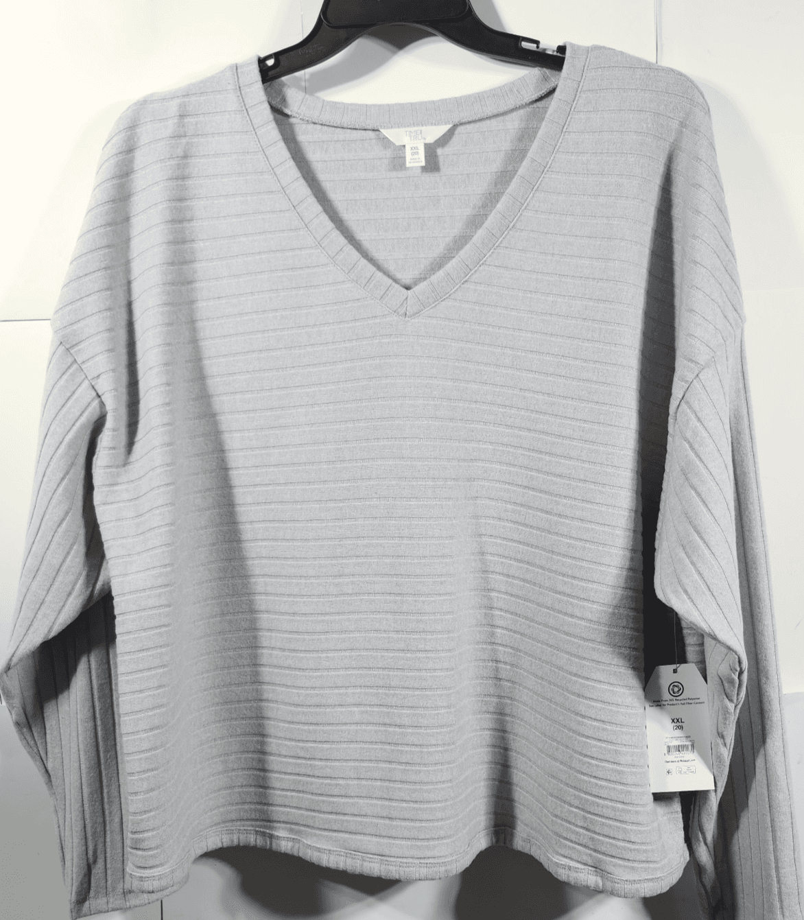 Time and Tru Women's XXL Shirt Ribbed Hacci V-neck Top Gray NEW