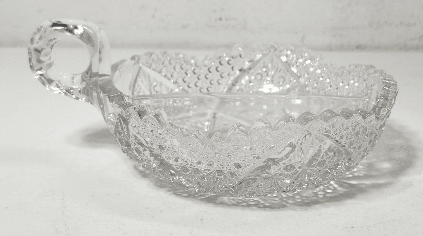 Vintage American Brilliant Cut Crystal Sawtooth Glass Handled Divided Bowl