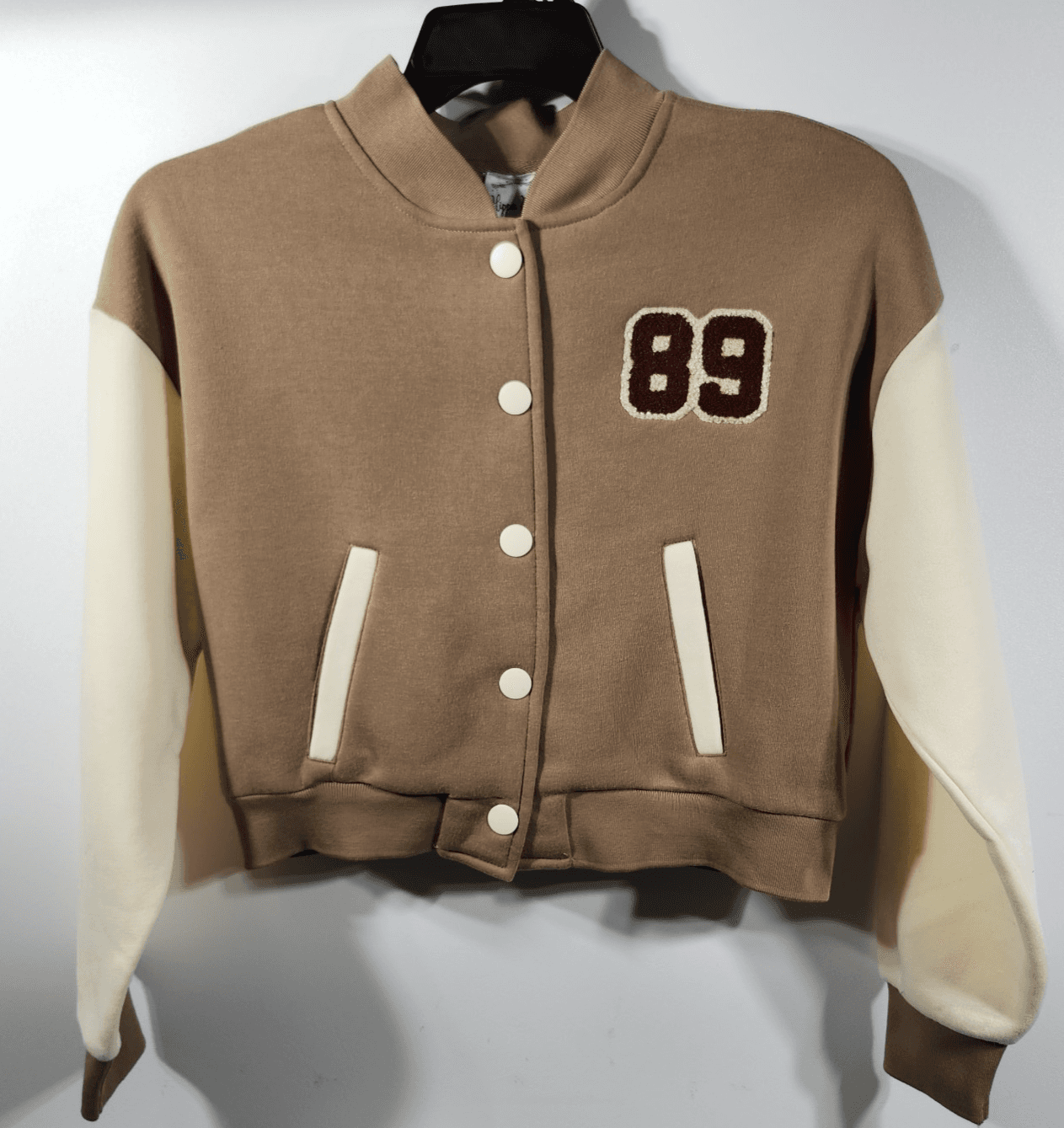 Hippie Rose Women's XS Letterman Jacket Brown Beige Button Up Long Sleeve NEW