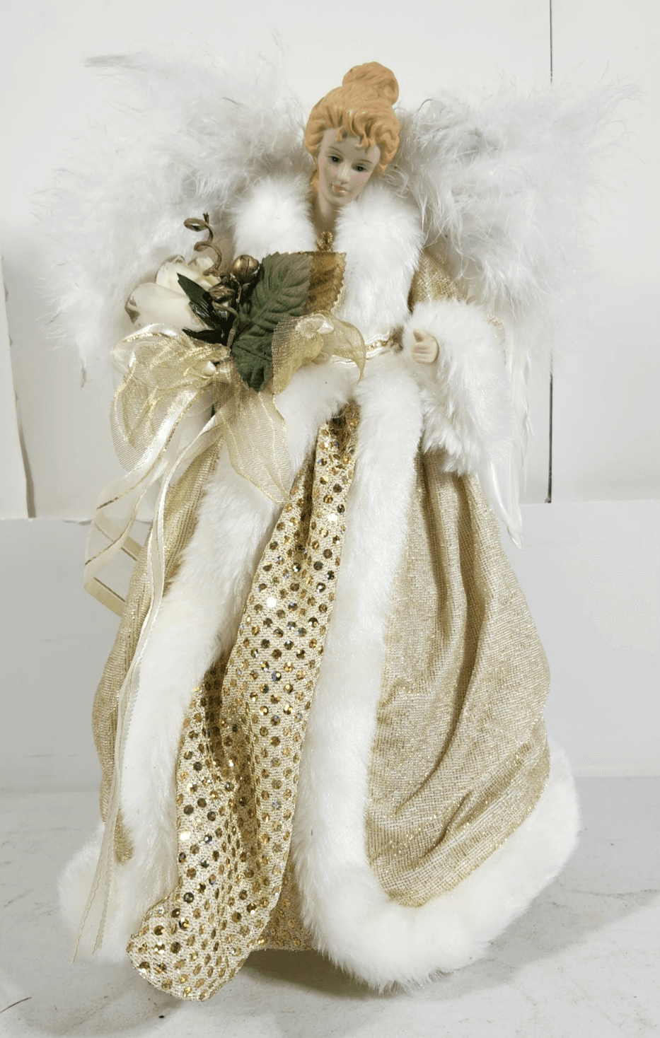 VTG Angel Tree Topper Holiday Decor 14” Gold Dress Porcelain Face Hands