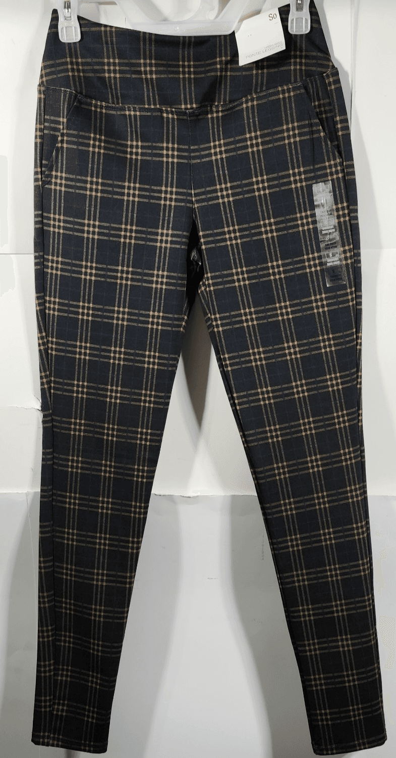 So Women's Small High Rise Ponte Leggings Black Gold Blue Plaid NEW