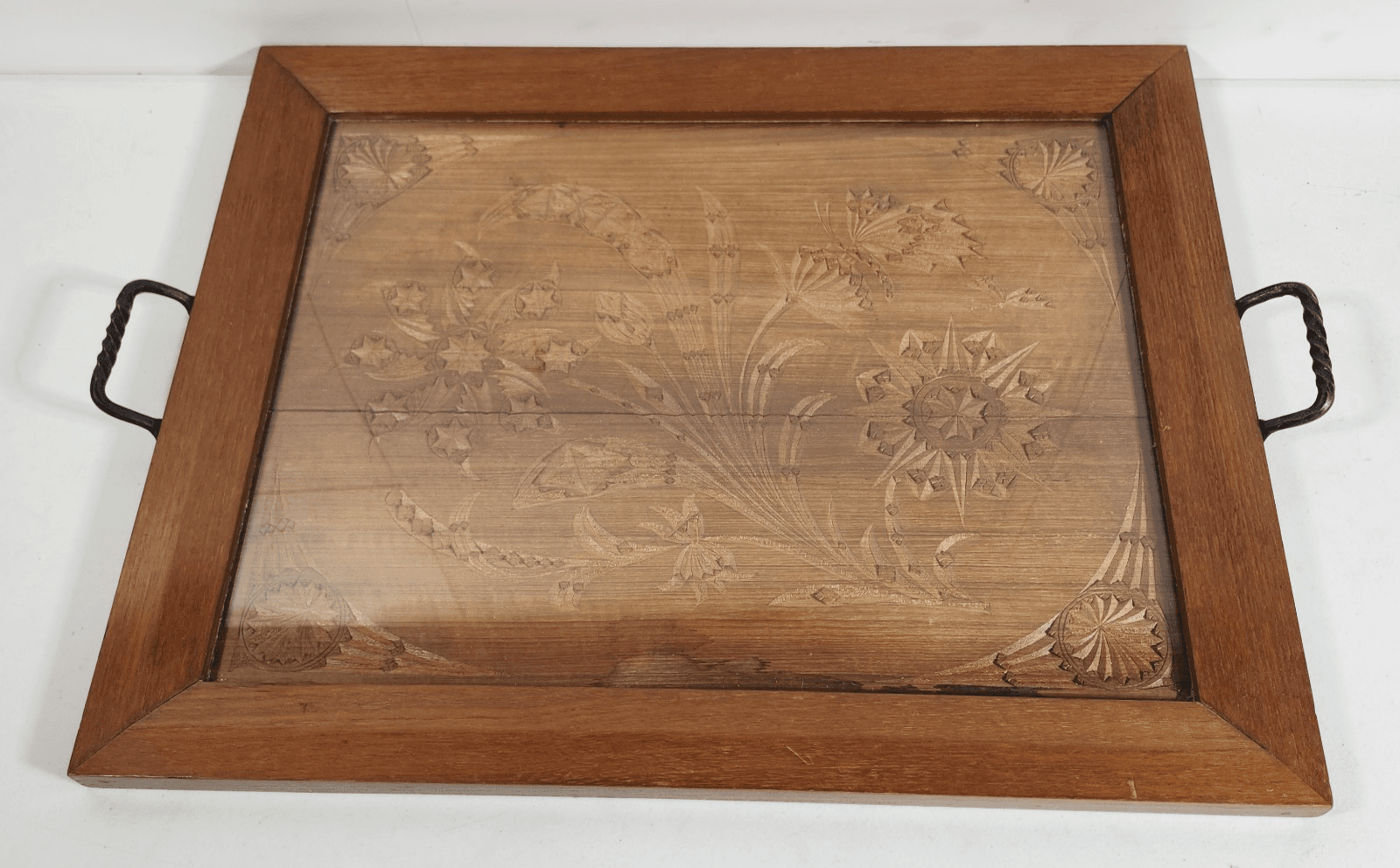 VTG Serving Tray Hand Carved Floral Motif W/ Glass Inlay 20.5" X 16.5"