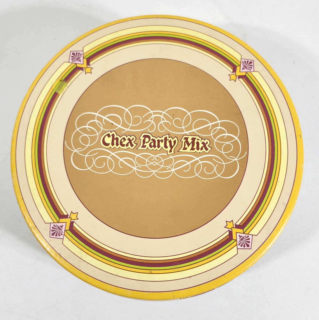 Chex Party Mix Tin Vintage 1980 Round Yellow Recipe On Back Lid 8" Four Seasons