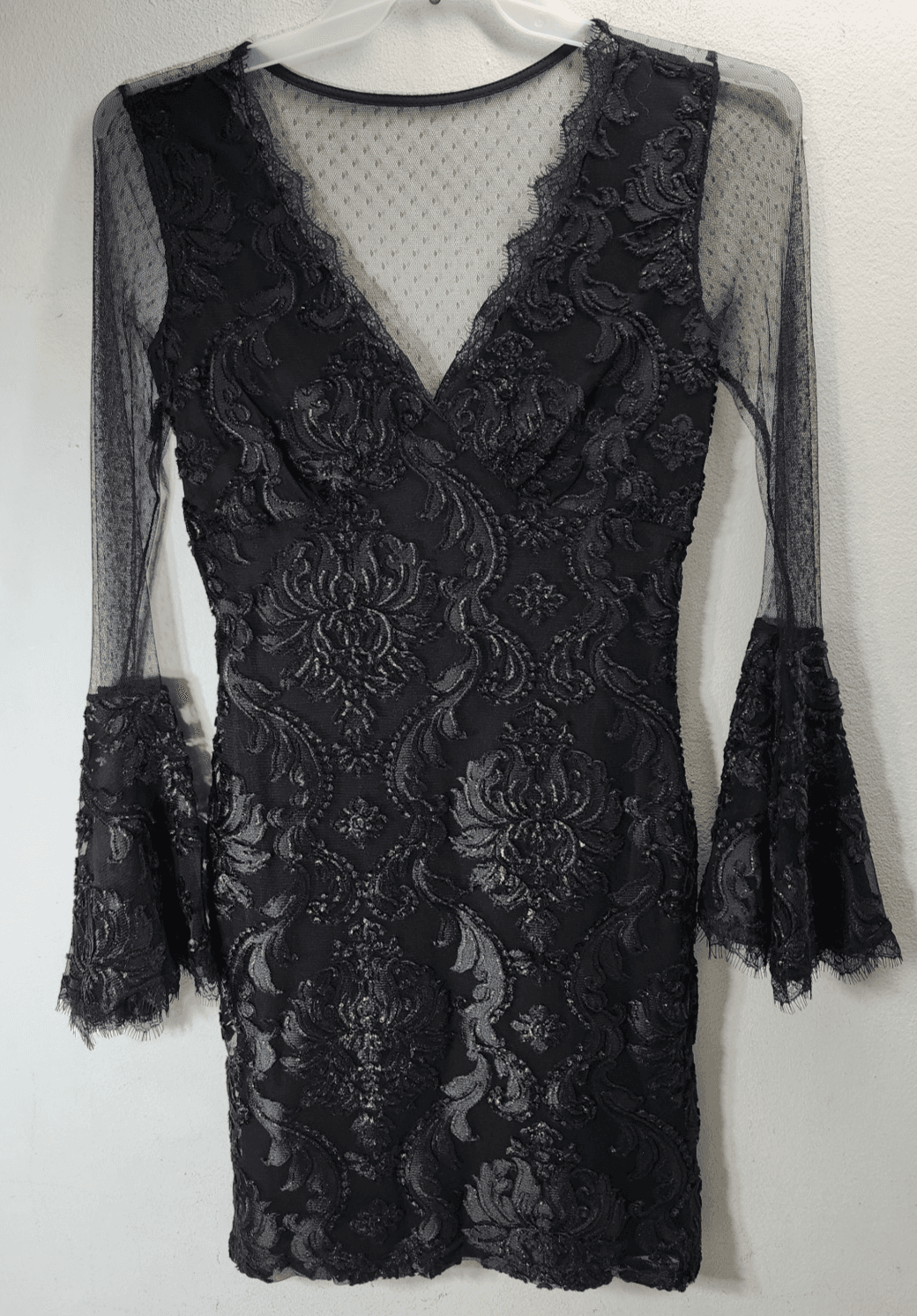 Venus Laced Black Midi Dress Womens M Fringed Sleeves Lined Nylon Blend