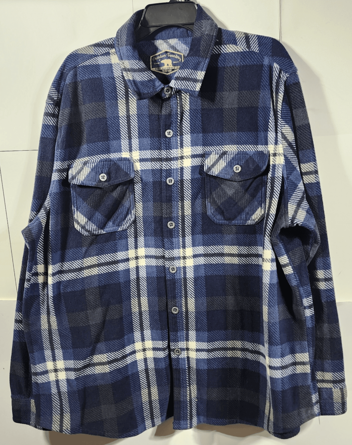 Freedom Foundry Shirt Men's XXL Blue Beige Plaid Flannel Button Up Soft Comfort