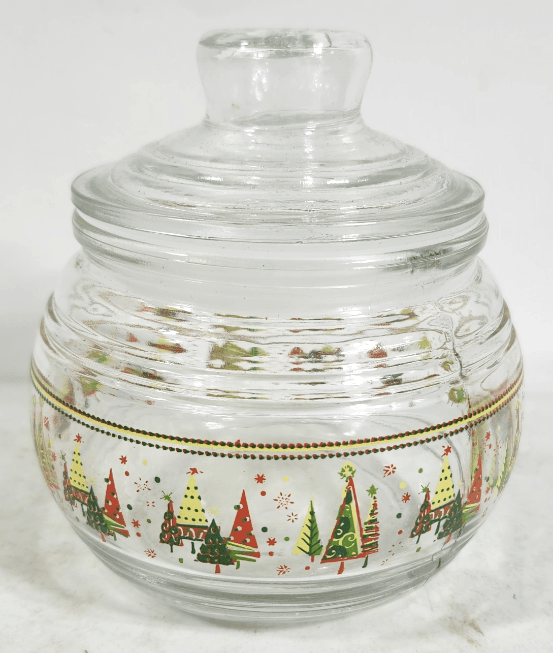 Greenbrier 4" Round Glass Christmas Trees Candy Jar w/ Lid