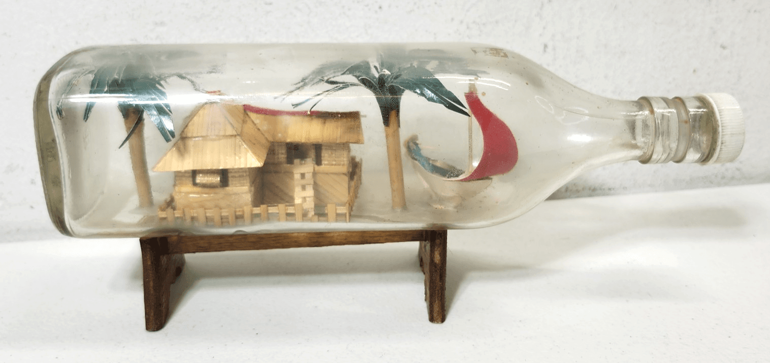 Ship Village Diorama in a Bottle Hut Palm Trees Boat Home Decor