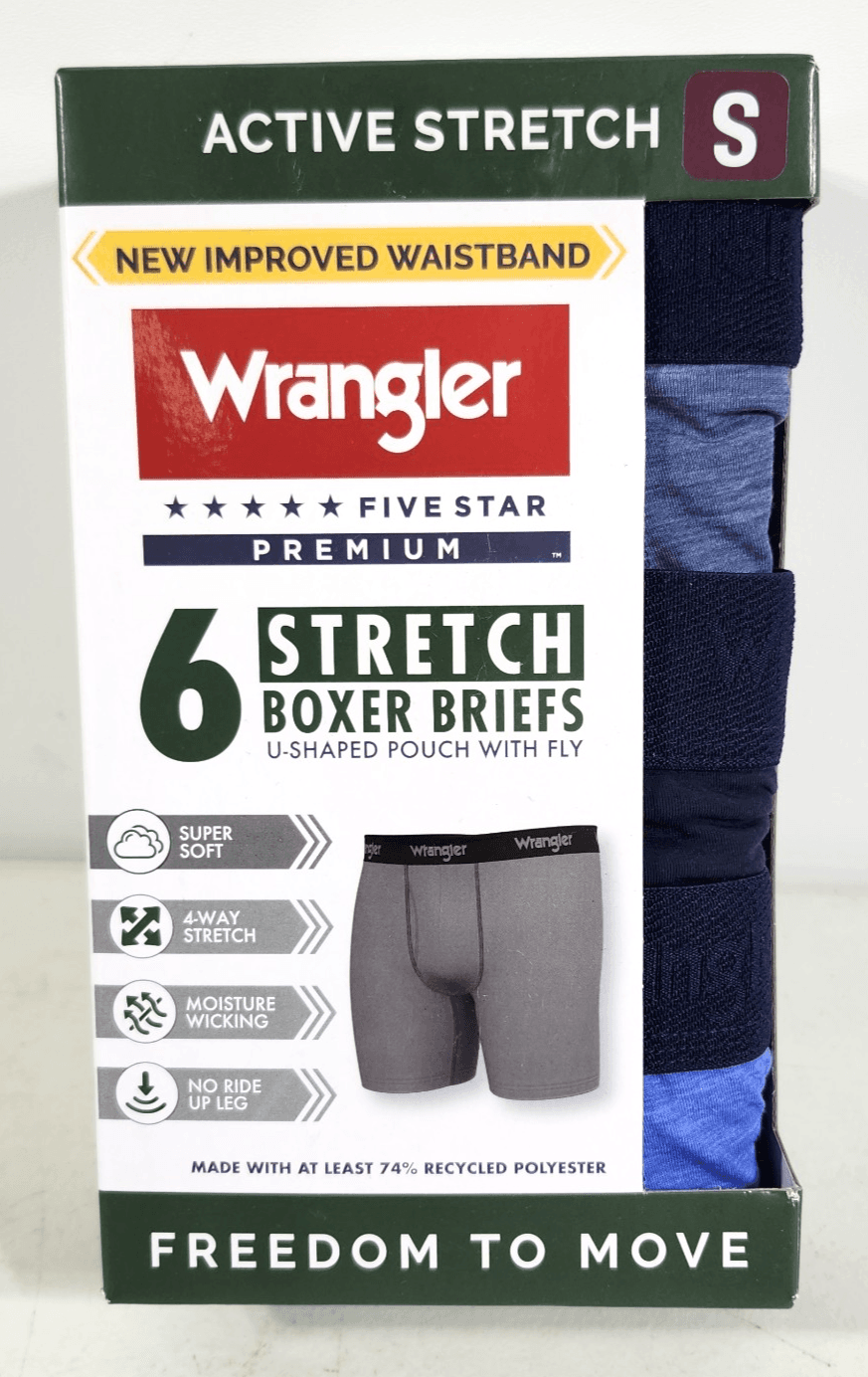 Wrangler Men's Small 6 Pair Boxer Briefs Underwear Stretch Moisture Wicking NEW
