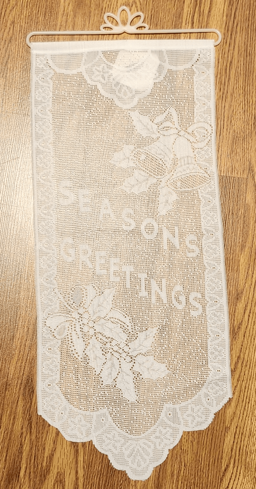 Vintage White Seasons Greetings Home Banner Wall Hanging w Hanger 26"