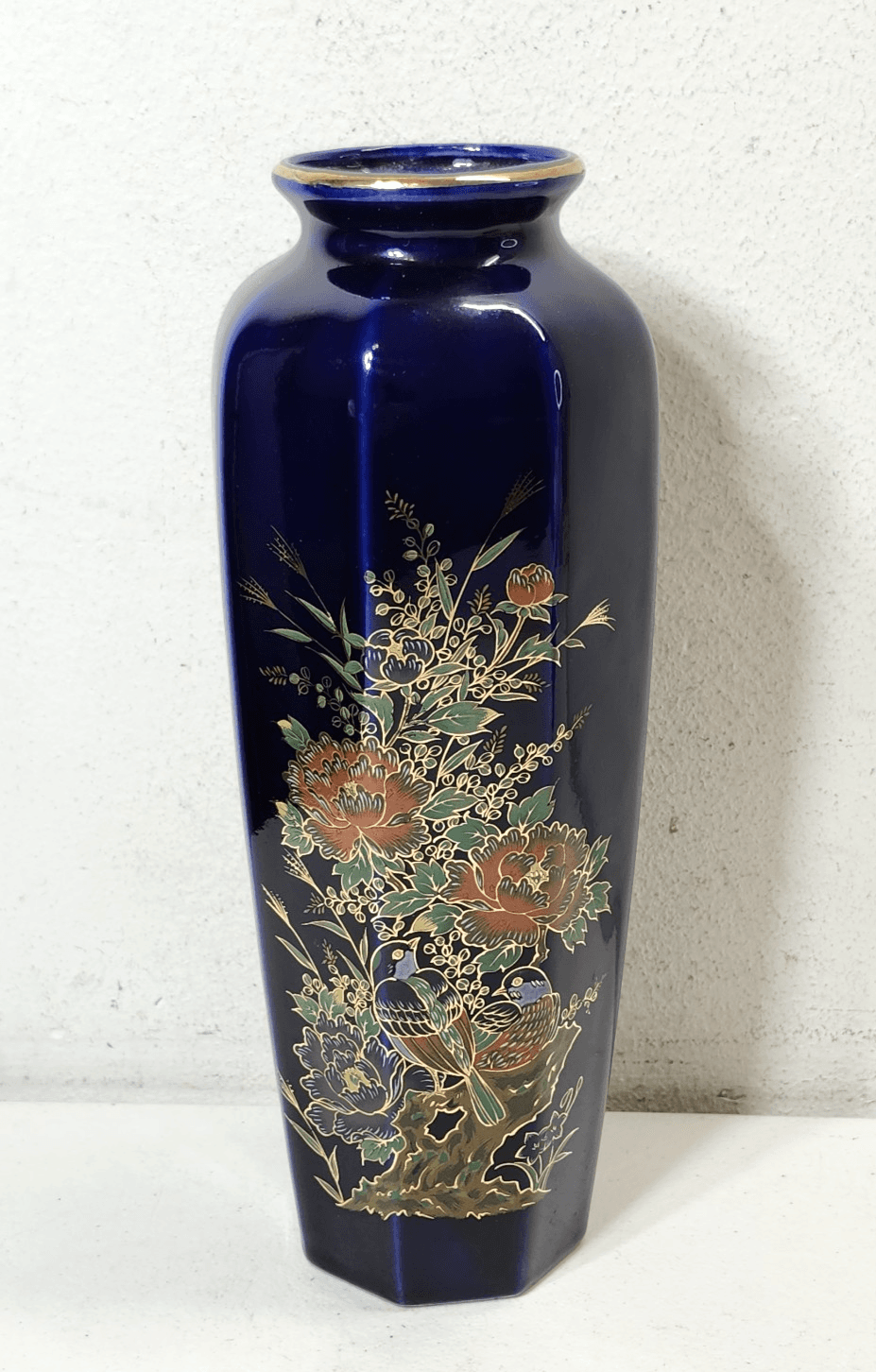 Vintage Ray Control Japanese Blue Vase with Flower Bird Design Home Decor