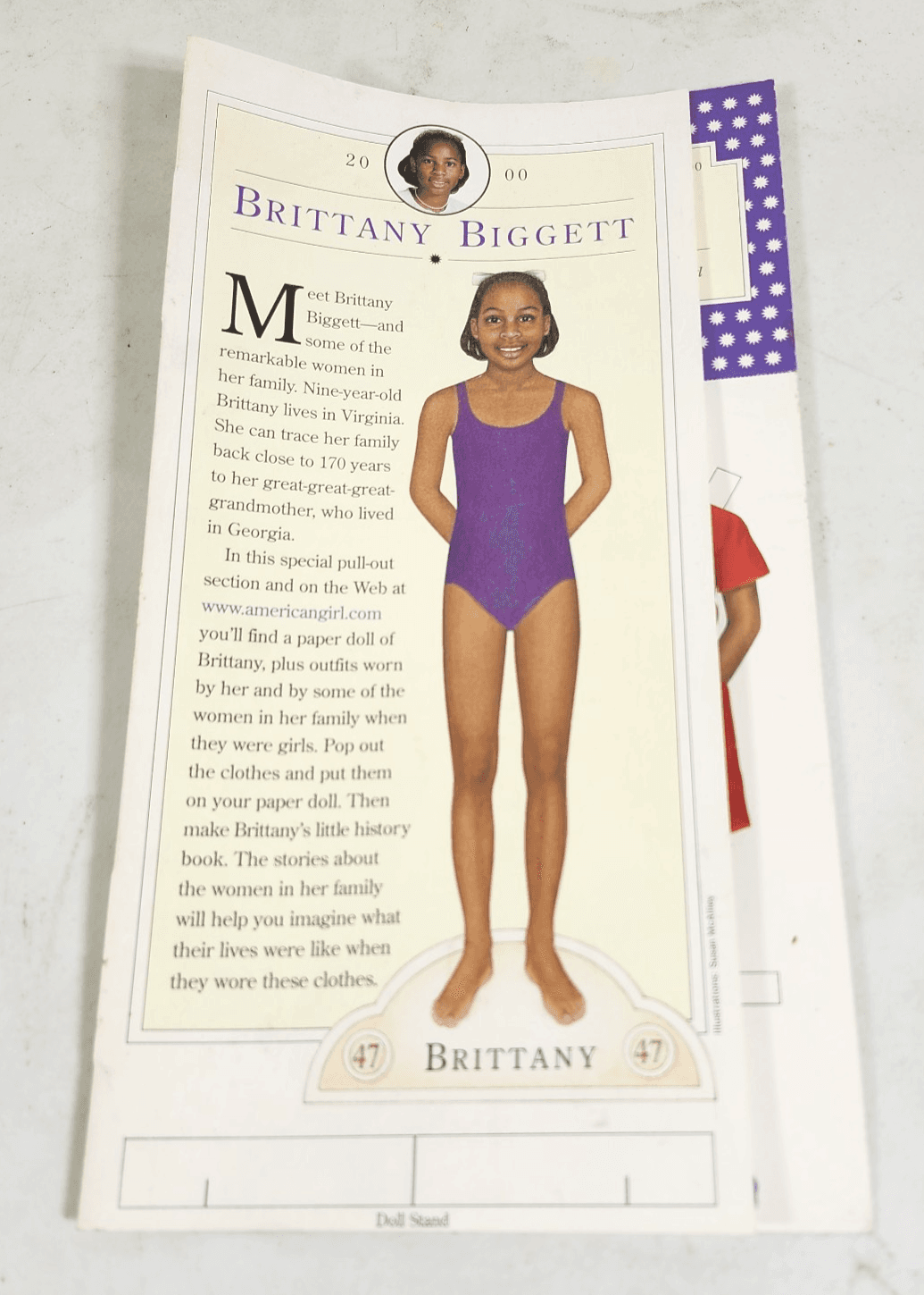 American Girl Brittany Biggett 2000 Cut-Outs Doll Stand/Outfits In Tact