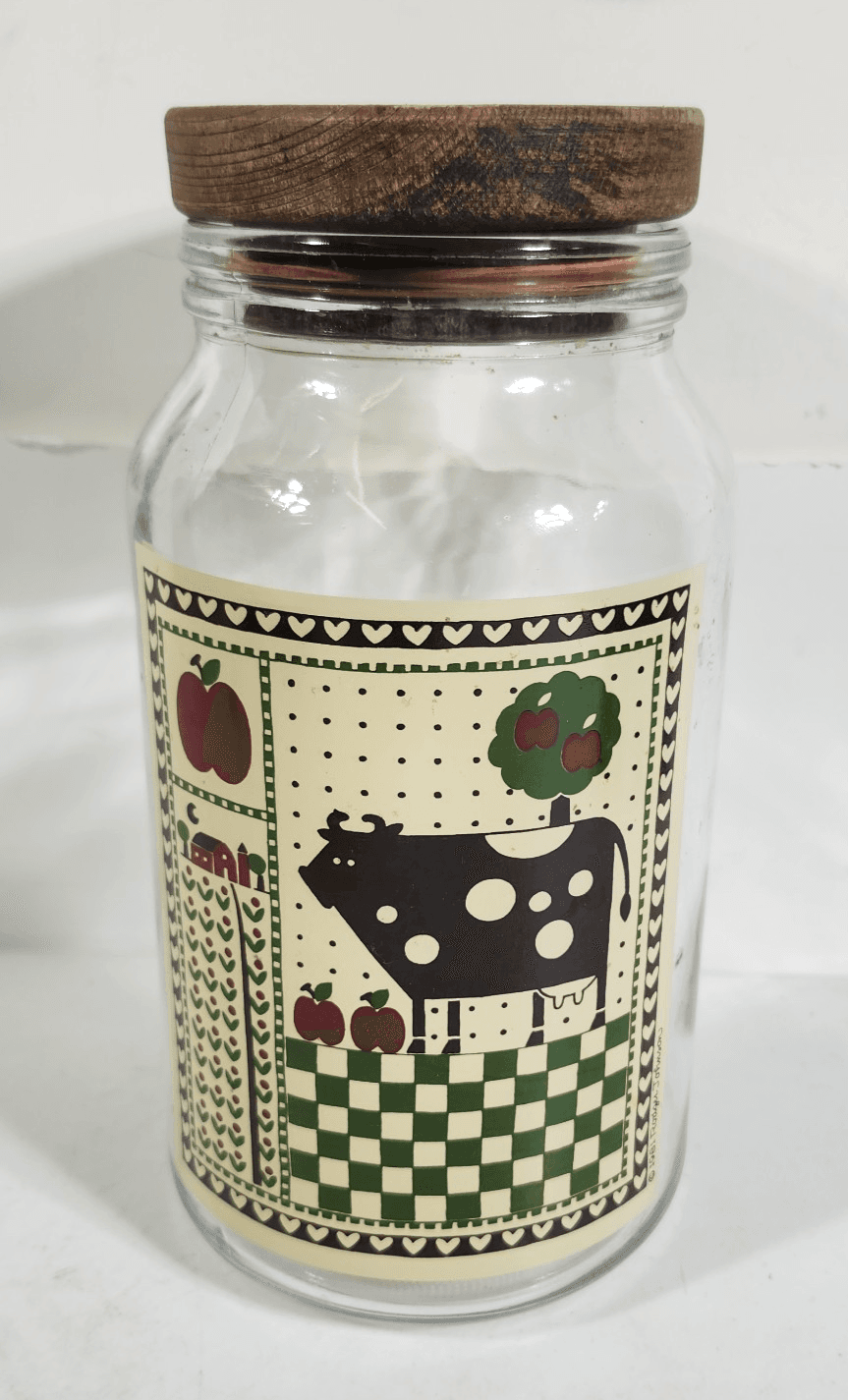 Vintage Farm House Glass Canister w/Wooden Lid Cow Apple Country